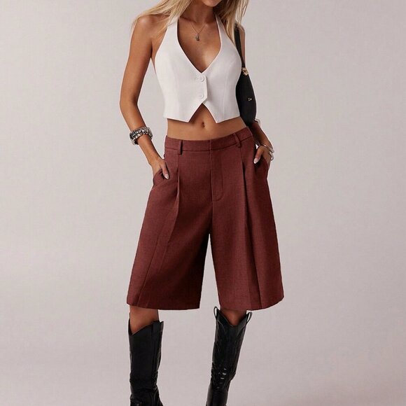 Burgundy brownish Casual Women's Minimalist Bermuda Shorts pants - Picture 2 of 7